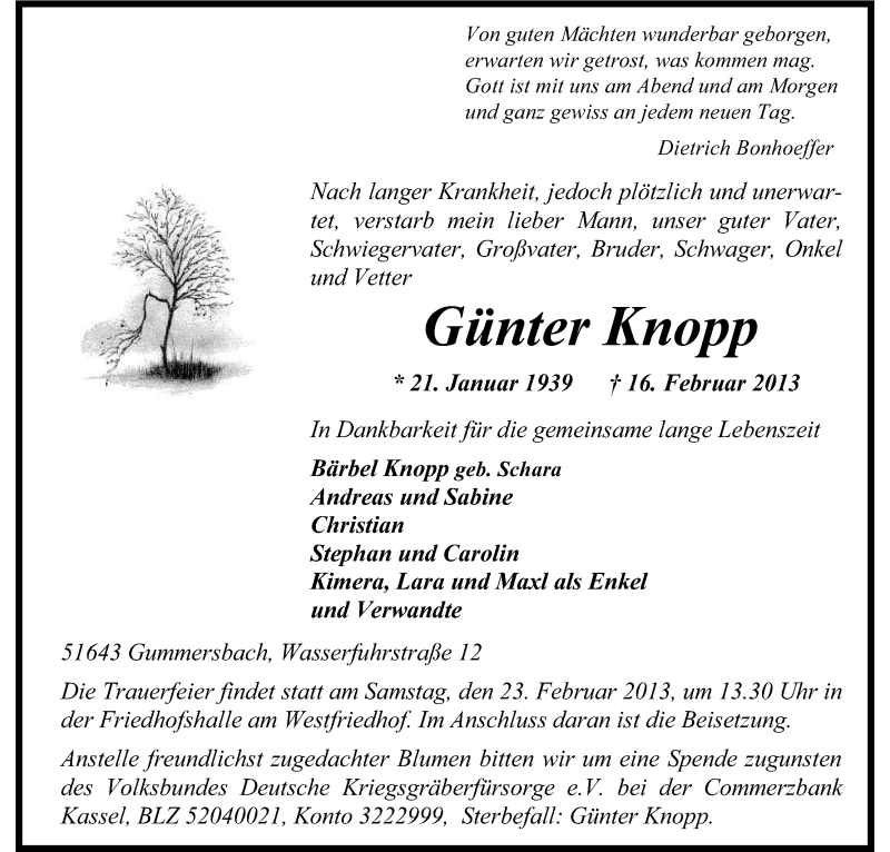  Traueranzeige für Günter Knopp vom 20.02.2013 aus Kölner Stadt-Anzeiger / Kölnische Rundschau / Express