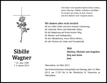 Anzeige von Sibille Wagner von Kölner Stadt-Anzeiger / Kölnische Rundschau / Express