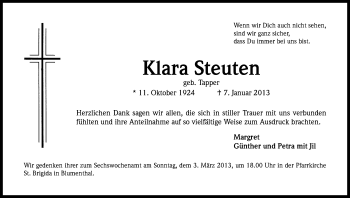 Anzeige von Klara Steuten von Kölner Stadt-Anzeiger / Kölnische Rundschau / Express