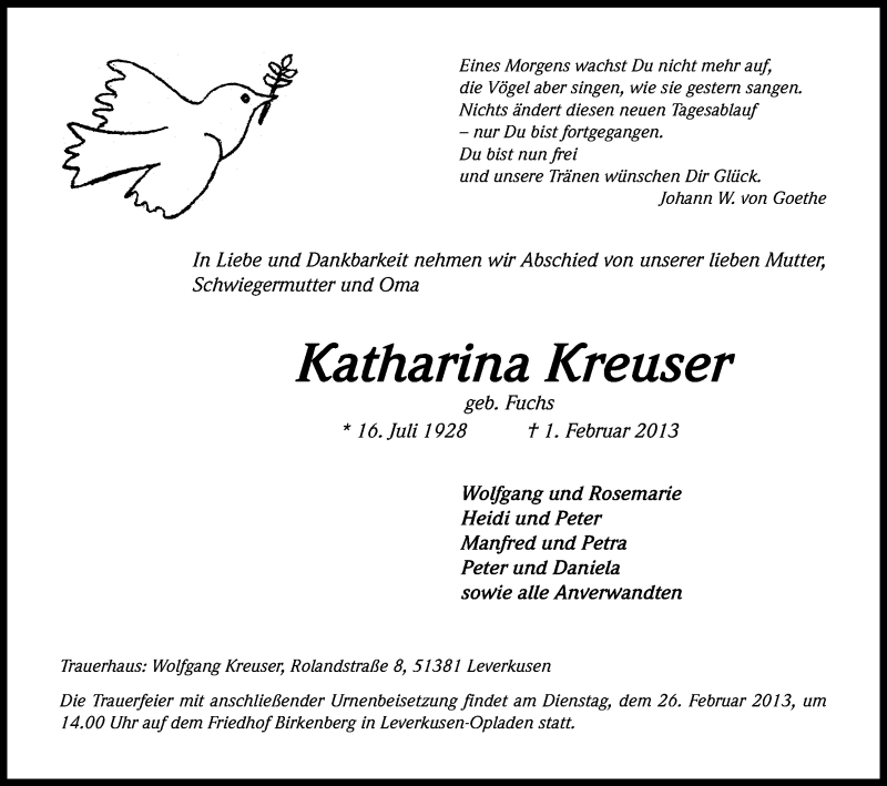  Traueranzeige für Katharina Kreuser vom 20.02.2013 aus Kölner Stadt-Anzeiger / Kölnische Rundschau / Express