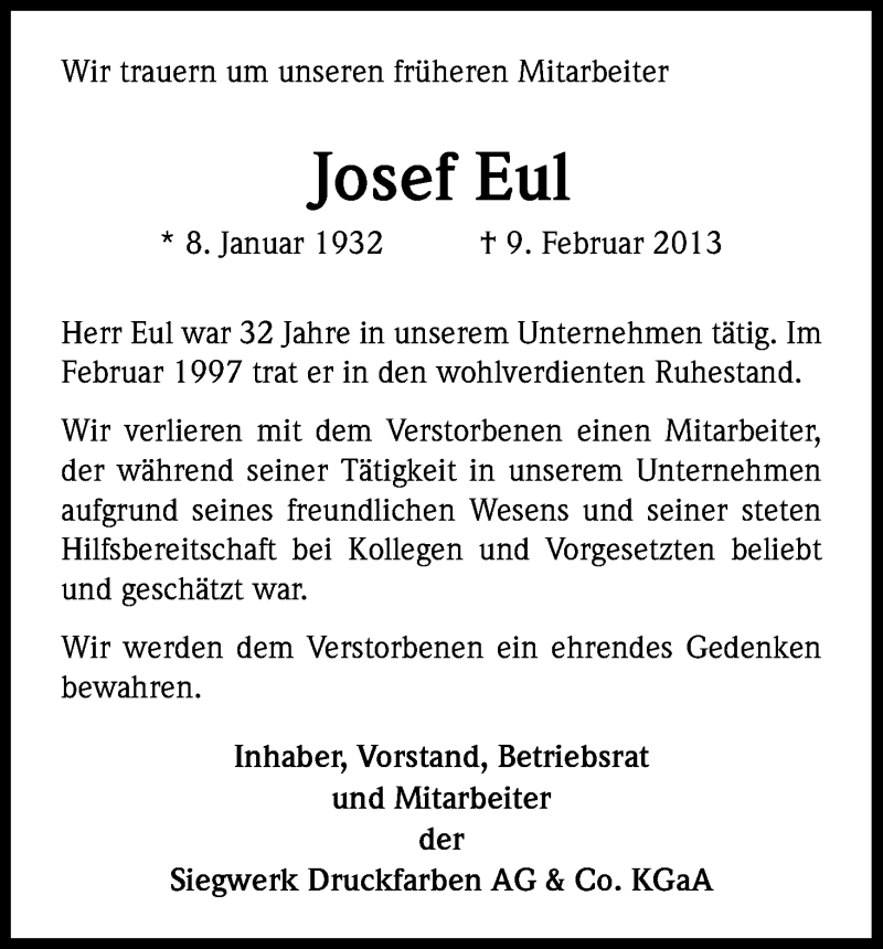  Traueranzeige für Josef Eul vom 21.02.2013 aus Kölner Stadt-Anzeiger / Kölnische Rundschau / Express