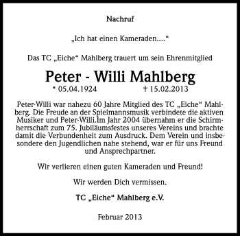 Anzeige von Peter-Willi Mahlberg von Kölner Stadt-Anzeiger / Kölnische Rundschau / Express