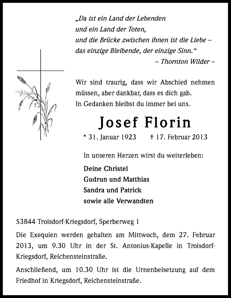  Traueranzeige für Josef Florin vom 23.02.2013 aus Kölner Stadt-Anzeiger / Kölnische Rundschau / Express