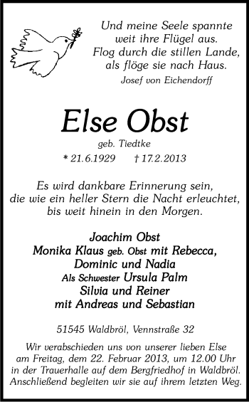 Anzeige von Else Obst von Kölner Stadt-Anzeiger / Kölnische Rundschau / Express