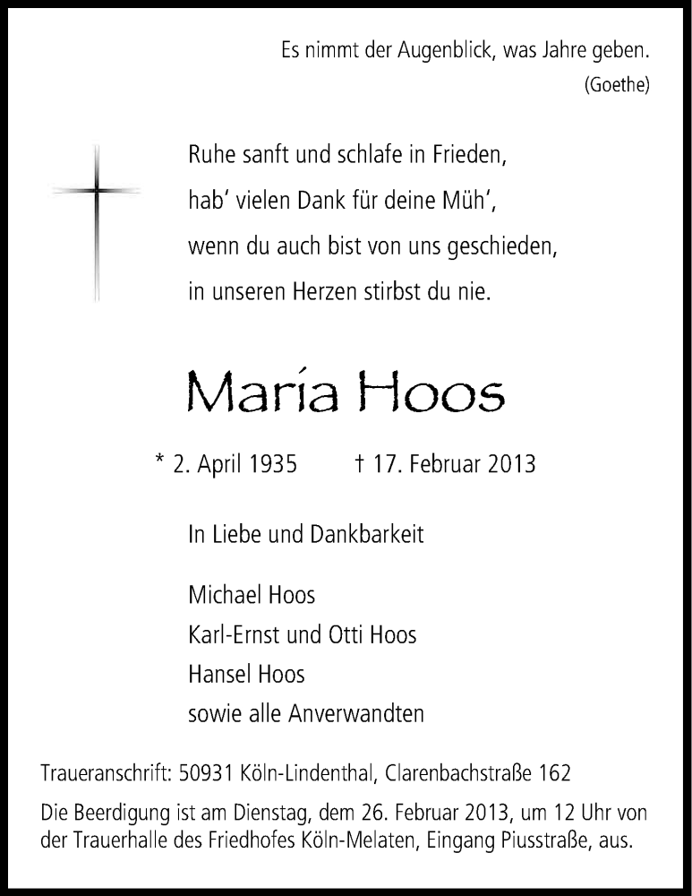  Traueranzeige für Maria Hoos vom 23.02.2013 aus Kölner Stadt-Anzeiger / Kölnische Rundschau / Express