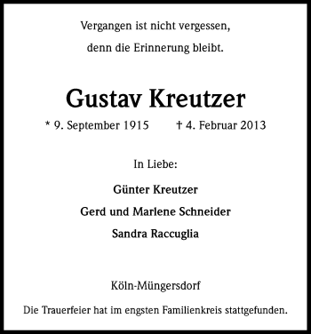 Anzeige von Gustav Kreutzer von Kölner Stadt-Anzeiger / Kölnische Rundschau / Express