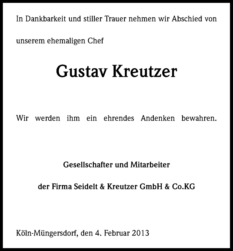  Traueranzeige für Gustav Kreutzer vom 20.02.2013 aus Kölner Stadt-Anzeiger / Kölnische Rundschau / Express