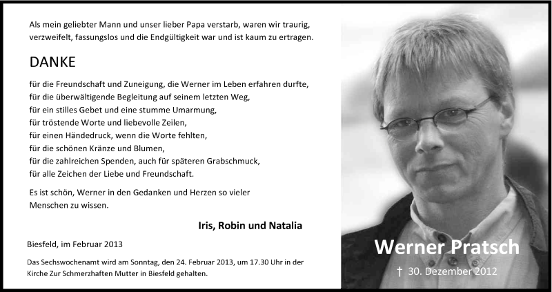  Traueranzeige für Werner Pratsch vom 22.02.2013 aus Kölner Stadt-Anzeiger / Kölnische Rundschau / Express