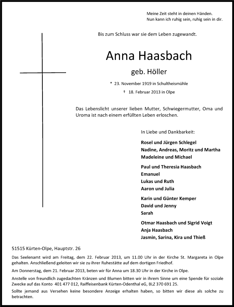  Traueranzeige für Anna Haasbach vom 20.02.2013 aus Kölner Stadt-Anzeiger / Kölnische Rundschau / Express