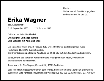 Anzeige von Erika Wagner von Kölner Stadt-Anzeiger / Kölnische Rundschau / Express