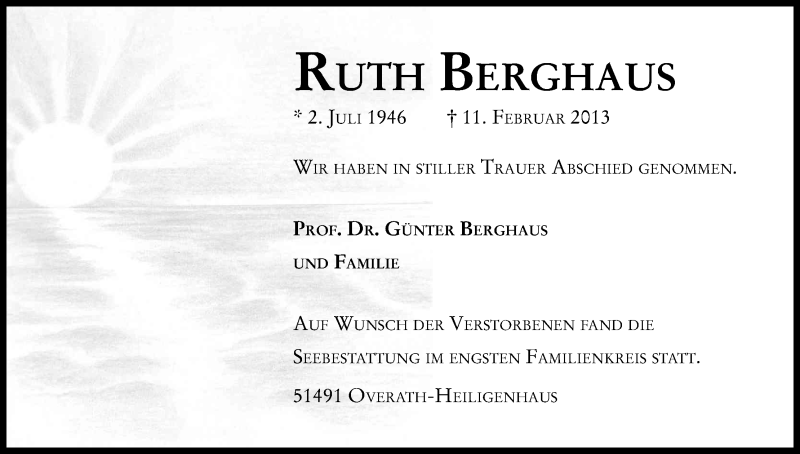  Traueranzeige für Ruth Berghaus vom 23.02.2013 aus Kölner Stadt-Anzeiger / Kölnische Rundschau / Express