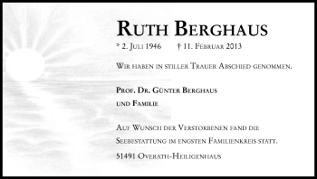 Anzeige von Ruth Berghaus von Kölner Stadt-Anzeiger / Kölnische Rundschau / Express