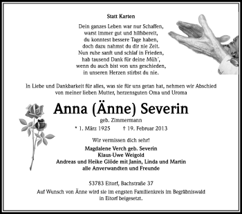 Anzeige von Anna Severin von Kölner Stadt-Anzeiger / Kölnische Rundschau / Express