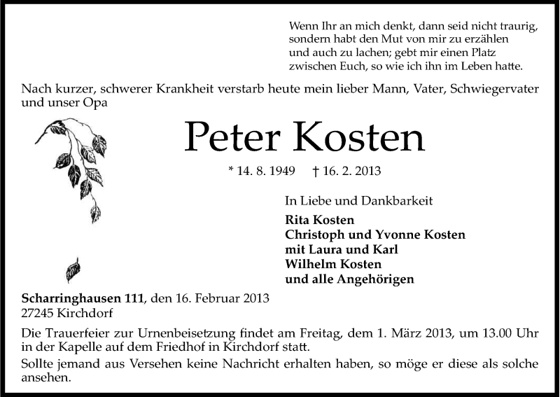  Traueranzeige für Peter Kosten vom 21.02.2013 aus Kölner Stadt-Anzeiger / Kölnische Rundschau / Express