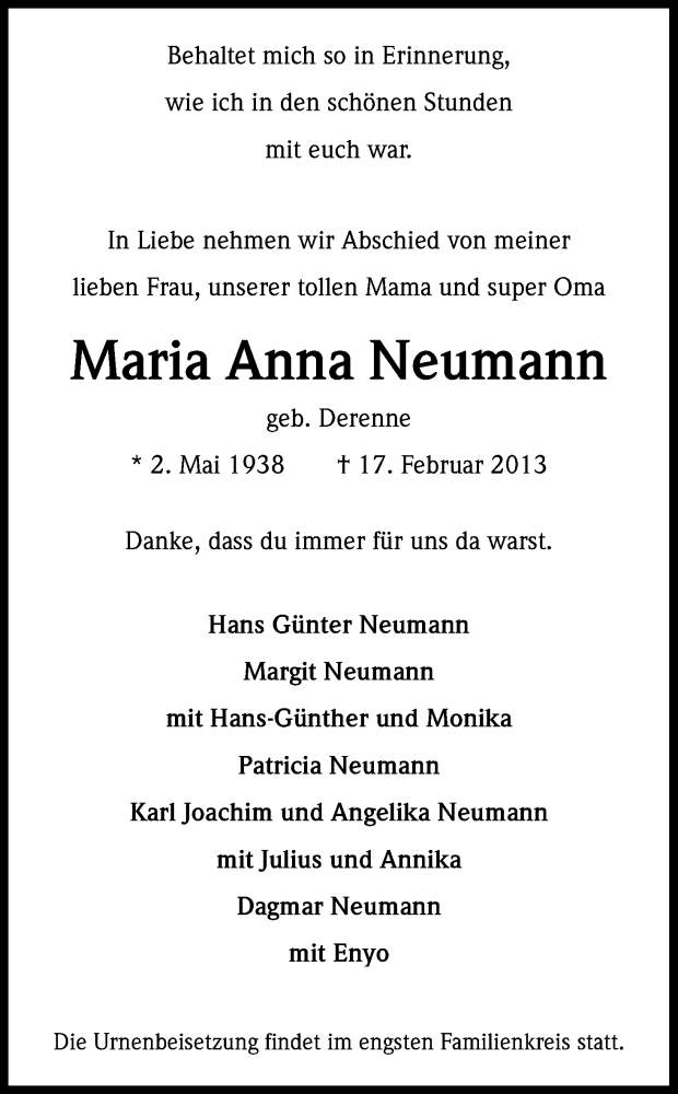  Traueranzeige für Maria Anna Neumann vom 23.02.2013 aus Kölner Stadt-Anzeiger / Kölnische Rundschau / Express