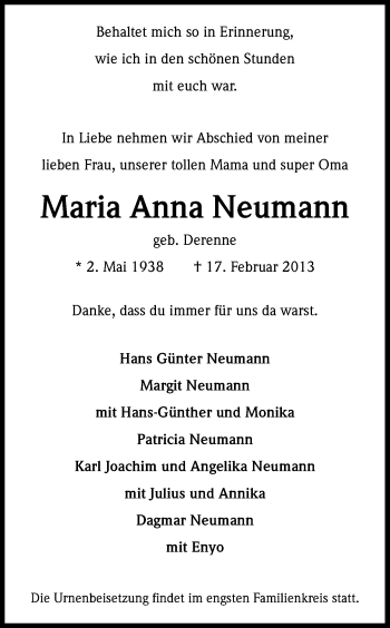 Anzeige von Maria Anna Neumann von Kölner Stadt-Anzeiger / Kölnische Rundschau / Express