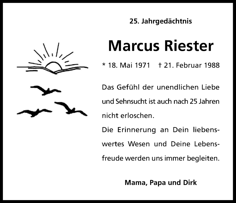 Traueranzeige für Marcus Riester vom 21.02.2013 aus Kölner Stadt-Anzeiger / Kölnische Rundschau / Express