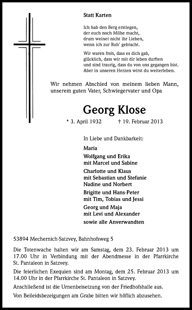  Traueranzeige für Georg Klose vom 21.02.2013 aus Kölner Stadt-Anzeiger / Kölnische Rundschau / Express