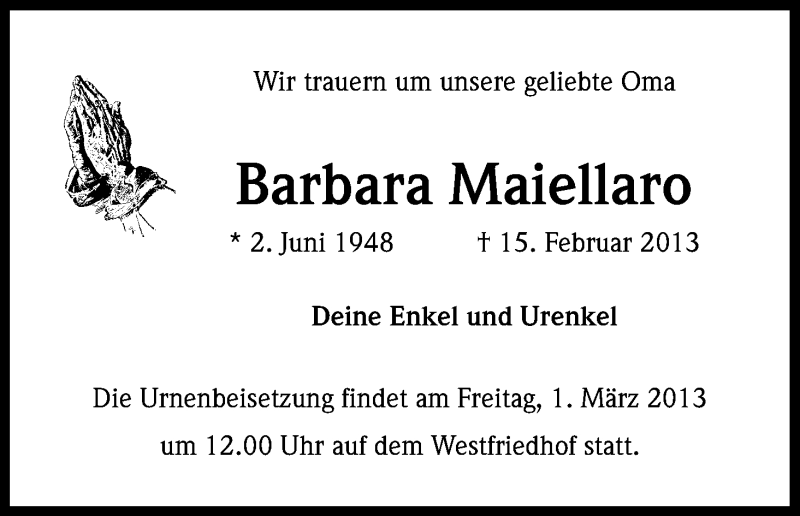  Traueranzeige für Barbara Maiellaro vom 23.02.2013 aus Kölner Stadt-Anzeiger / Kölnische Rundschau / Express