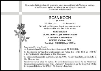 Anzeige von Rosa Koch von Kölner Stadt-Anzeiger / Kölnische Rundschau / Express