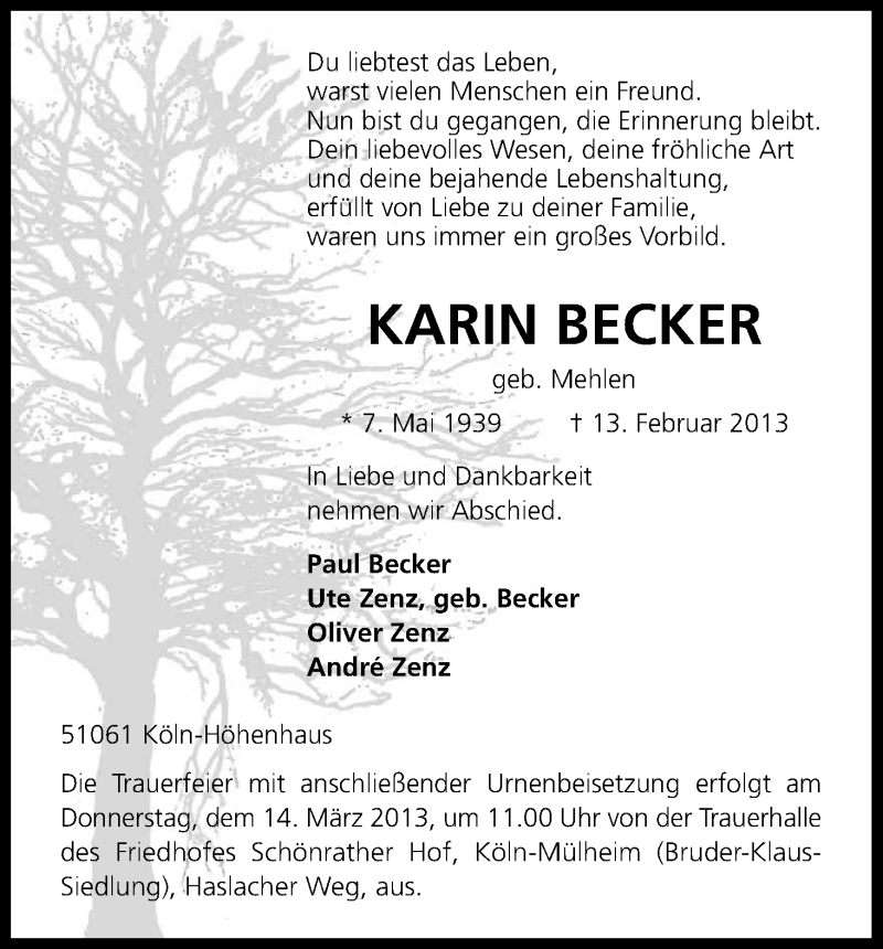 Traueranzeige für Karin Becker vom 09.03.2013 aus Kölner Stadt-Anzeiger / Kölnische Rundschau / Express