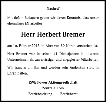 Anzeige von Herbert Bremer von Kölner Stadt-Anzeiger / Kölnische Rundschau / Express
