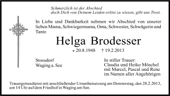 Anzeige von Helga Brodesser von Kölner Stadt-Anzeiger / Kölnische Rundschau / Express