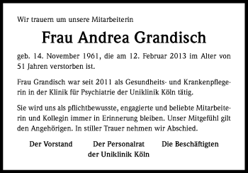 Anzeige von Andrea Grandisch von Kölner Stadt-Anzeiger / Kölnische Rundschau / Express