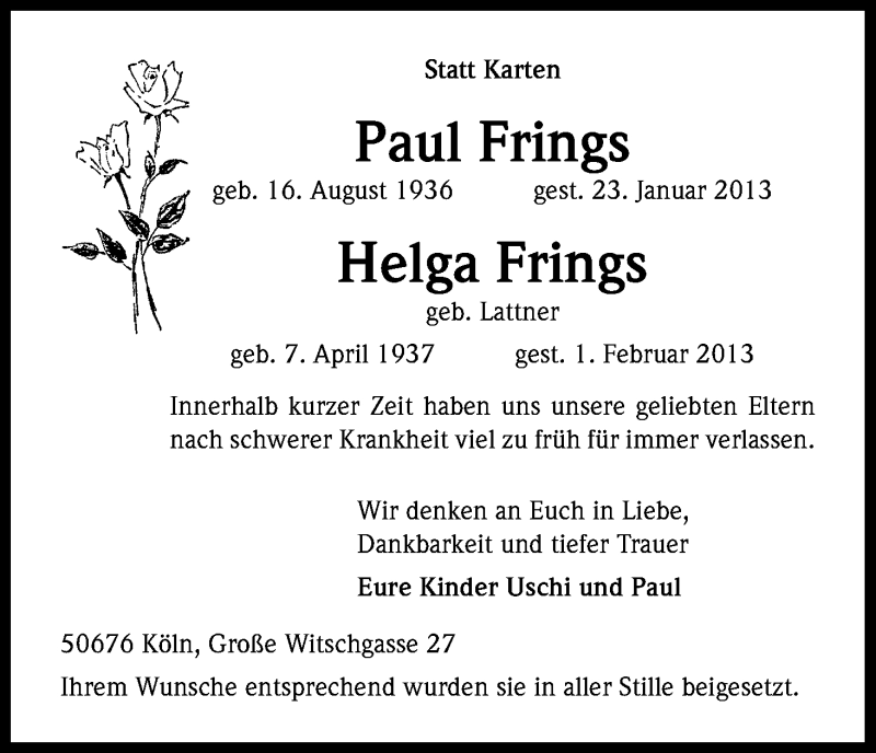 Traueranzeige für Paul und Helga Frings vom 23.02.2013 aus Kölner Stadt-Anzeiger / Kölnische Rundschau / Express