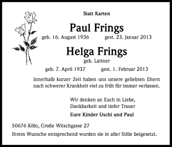 Anzeige von Paul und Helga Frings von Kölner Stadt-Anzeiger / Kölnische Rundschau / Express