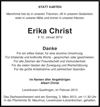 Anzeige von Erika Christ von Kölner Stadt-Anzeiger / Kölnische Rundschau / Express