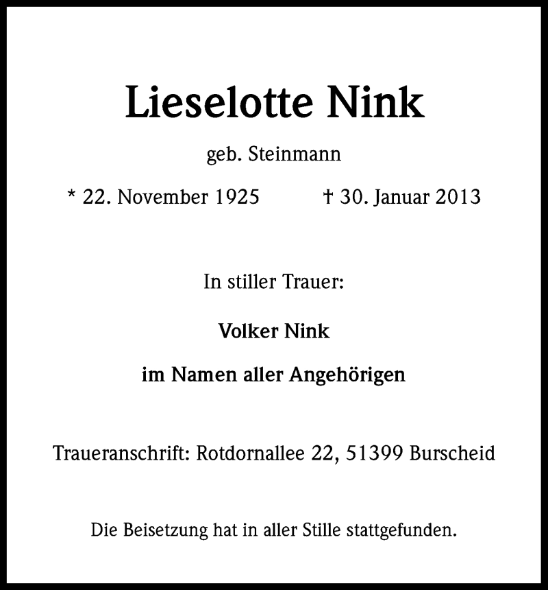  Traueranzeige für Lieselotte Nink vom 21.02.2013 aus Kölner Stadt-Anzeiger / Kölnische Rundschau / Express