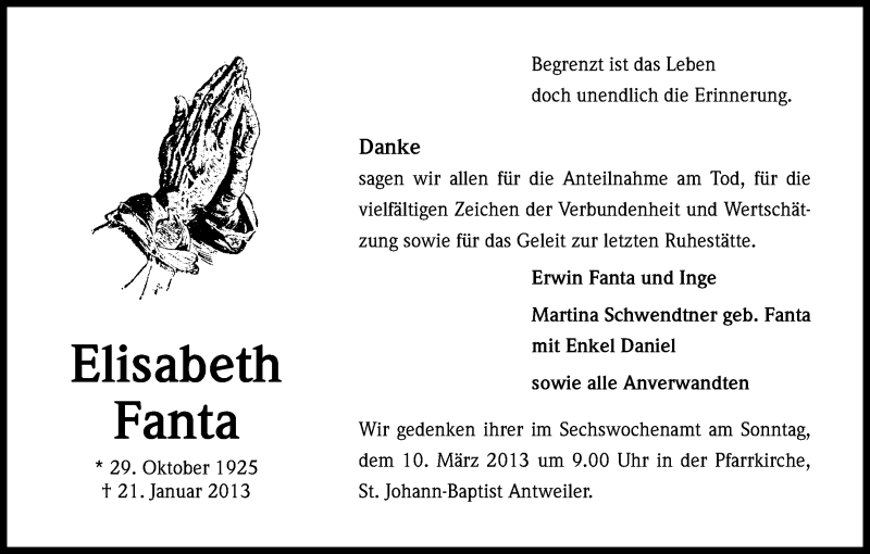  Traueranzeige für Elisabeth Fanta vom 06.03.2013 aus Kölner Stadt-Anzeiger / Kölnische Rundschau / Express