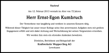 Anzeige von Ernst-Egon Kumbruch von Kölner Stadt-Anzeiger / Kölnische Rundschau / Express