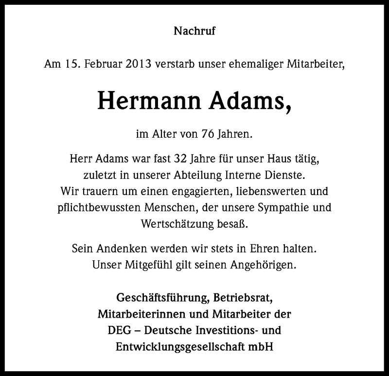  Traueranzeige für Hermann Adams vom 23.02.2013 aus Kölner Stadt-Anzeiger / Kölnische Rundschau / Express