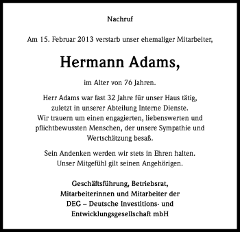 Anzeige von Hermann Adams von Kölner Stadt-Anzeiger / Kölnische Rundschau / Express