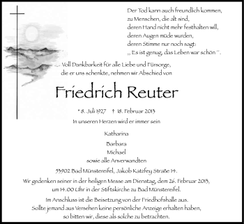 Anzeige von Friedrich Reuter von Kölner Stadt-Anzeiger / Kölnische Rundschau / Express