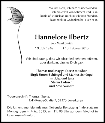 Anzeige von Hannelore Ilbertz von Kölner Stadt-Anzeiger / Kölnische Rundschau / Express