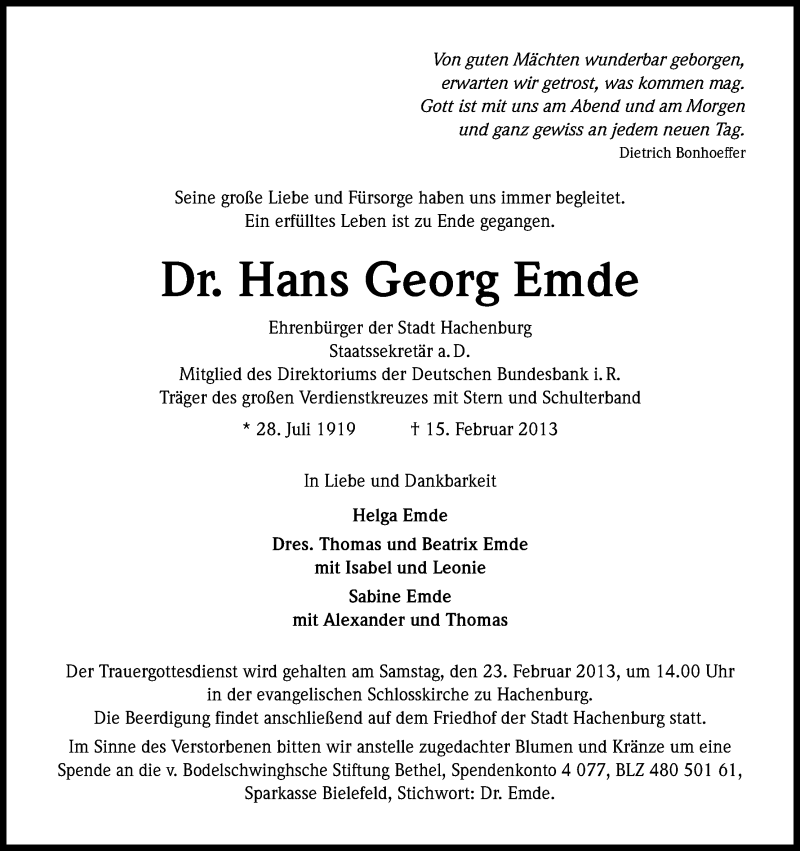  Traueranzeige für Hans Georg Emde vom 21.02.2013 aus Kölner Stadt-Anzeiger / Kölnische Rundschau / Express