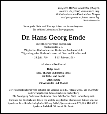 Anzeige von Hans Georg Emde von Kölner Stadt-Anzeiger / Kölnische Rundschau / Express