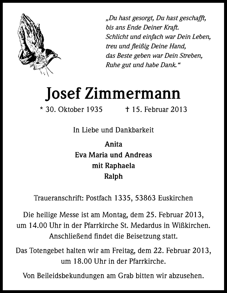  Traueranzeige für Josef Zimmermann vom 21.02.2013 aus Kölner Stadt-Anzeiger / Kölnische Rundschau / Express
