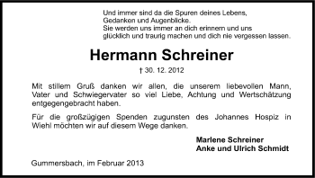 Anzeige von Hermann Schreiner von Kölner Stadt-Anzeiger / Kölnische Rundschau / Express