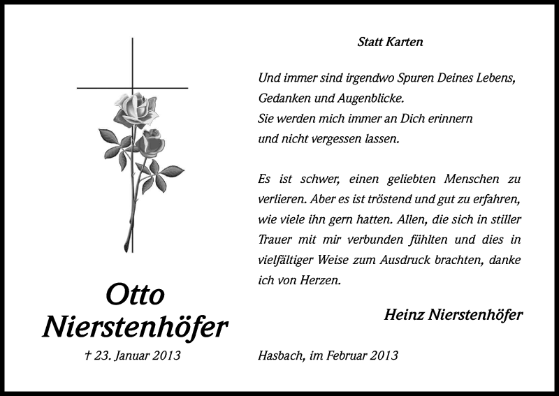  Traueranzeige für Otto Nierstenhöfer vom 23.02.2013 aus Kölner Stadt-Anzeiger / Kölnische Rundschau / Express