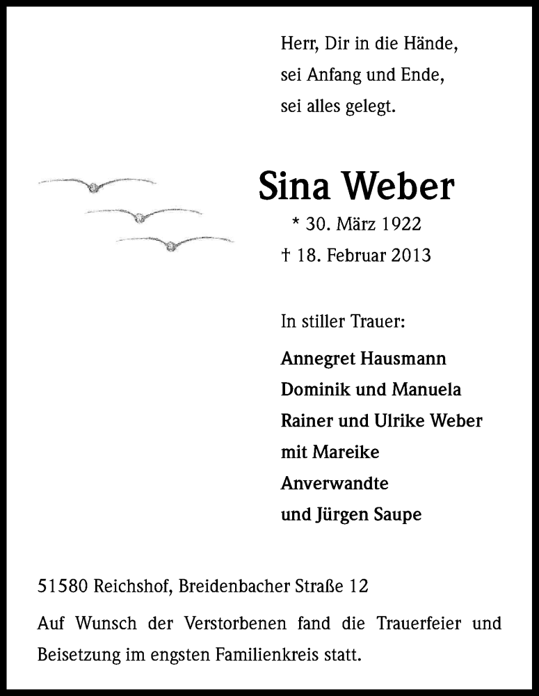  Traueranzeige für Sina Weber vom 23.02.2013 aus Kölner Stadt-Anzeiger / Kölnische Rundschau / Express