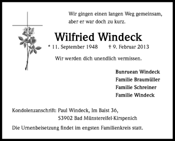 Anzeige von Wilfried Windeck von Kölner Stadt-Anzeiger / Kölnische Rundschau / Express