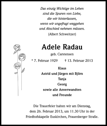 Anzeige von Adele Radau von Kölner Stadt-Anzeiger / Kölnische Rundschau / Express