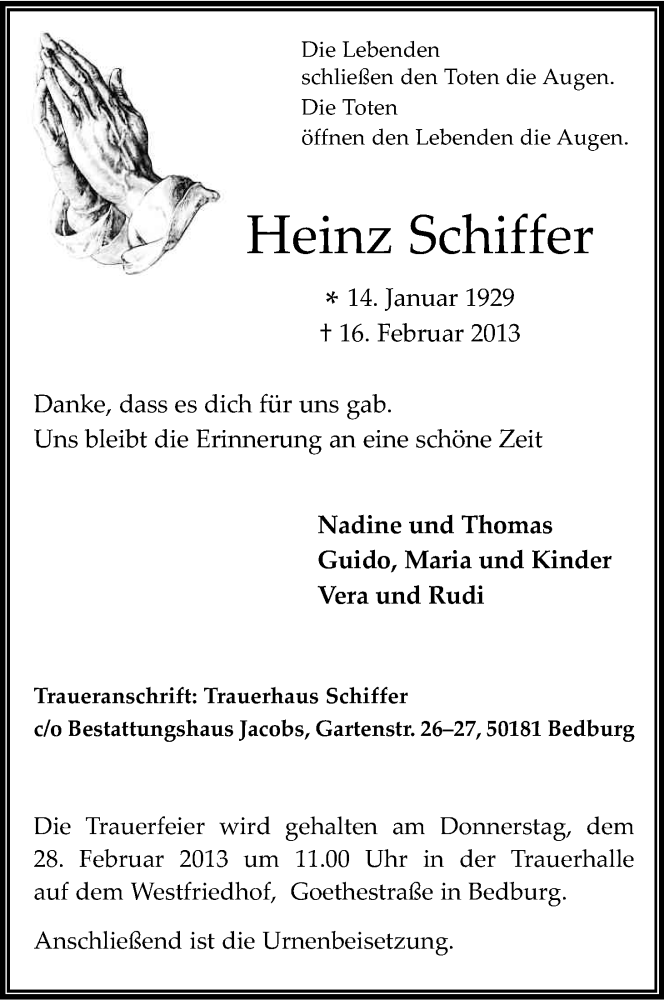  Traueranzeige für Heinz Schiffer vom 23.02.2013 aus Kölner Stadt-Anzeiger / Kölnische Rundschau / Express