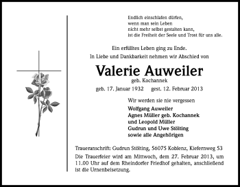 Anzeige von Valerie Auweiler von Kölner Stadt-Anzeiger / Kölnische Rundschau / Express