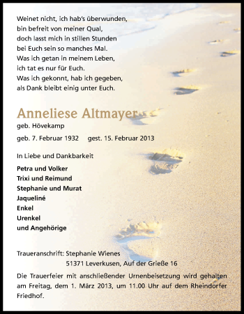 Anzeige von Anneliese Altmayer von Kölner Stadt-Anzeiger / Kölnische Rundschau / Express