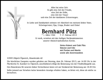 Anzeige von Bernhard Pütz von Kölner Stadt-Anzeiger / Kölnische Rundschau / Express